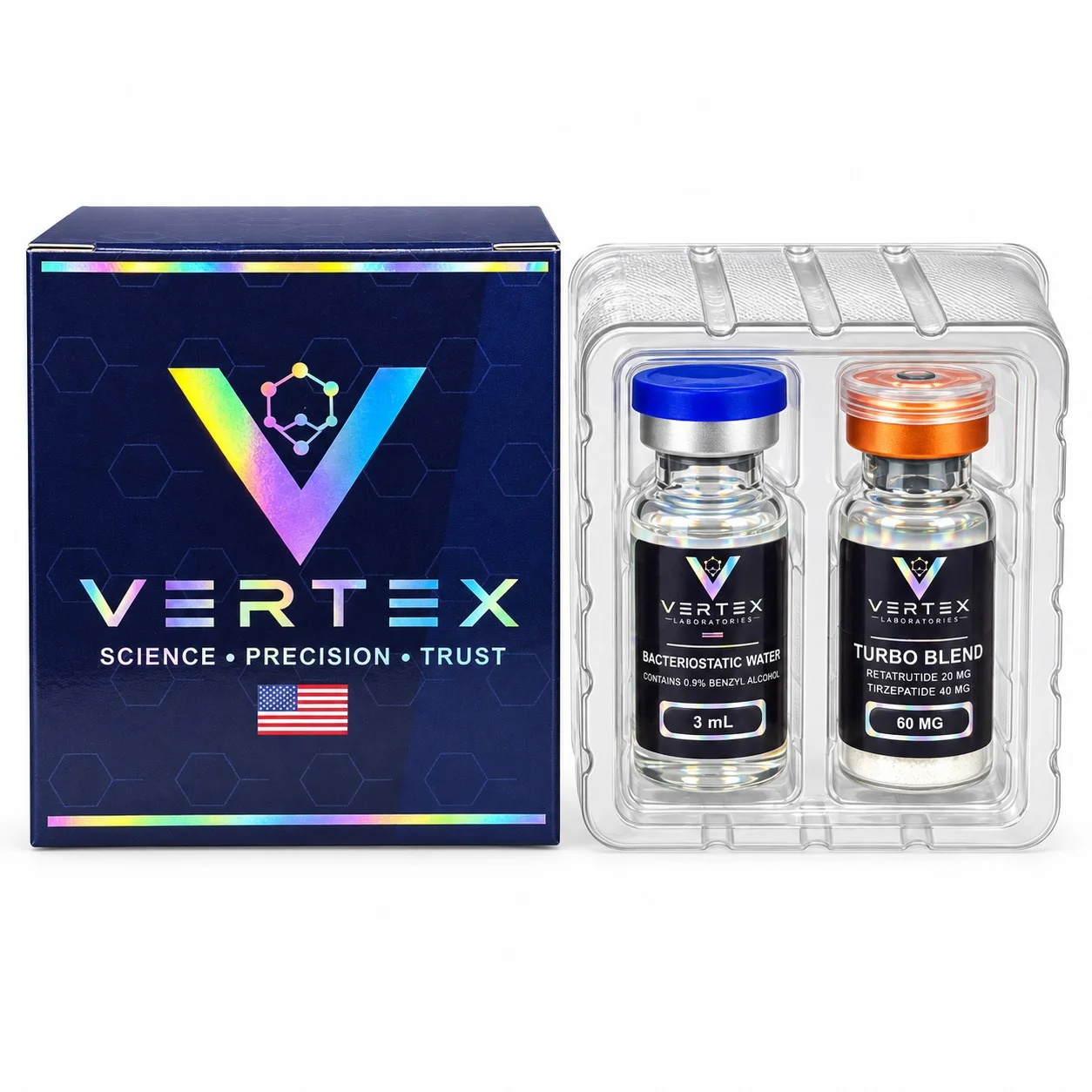 Vertex Turbo Blend 60 mg (Retatrutide 20 mg + Tirzepatide 40 mg no mesmo frasco) acompanha Água Bacteriostática 3 mL